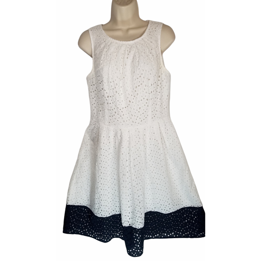 London Times Dress White & Black Colorblock Eyelet Cotton Fit & Flare Size 10